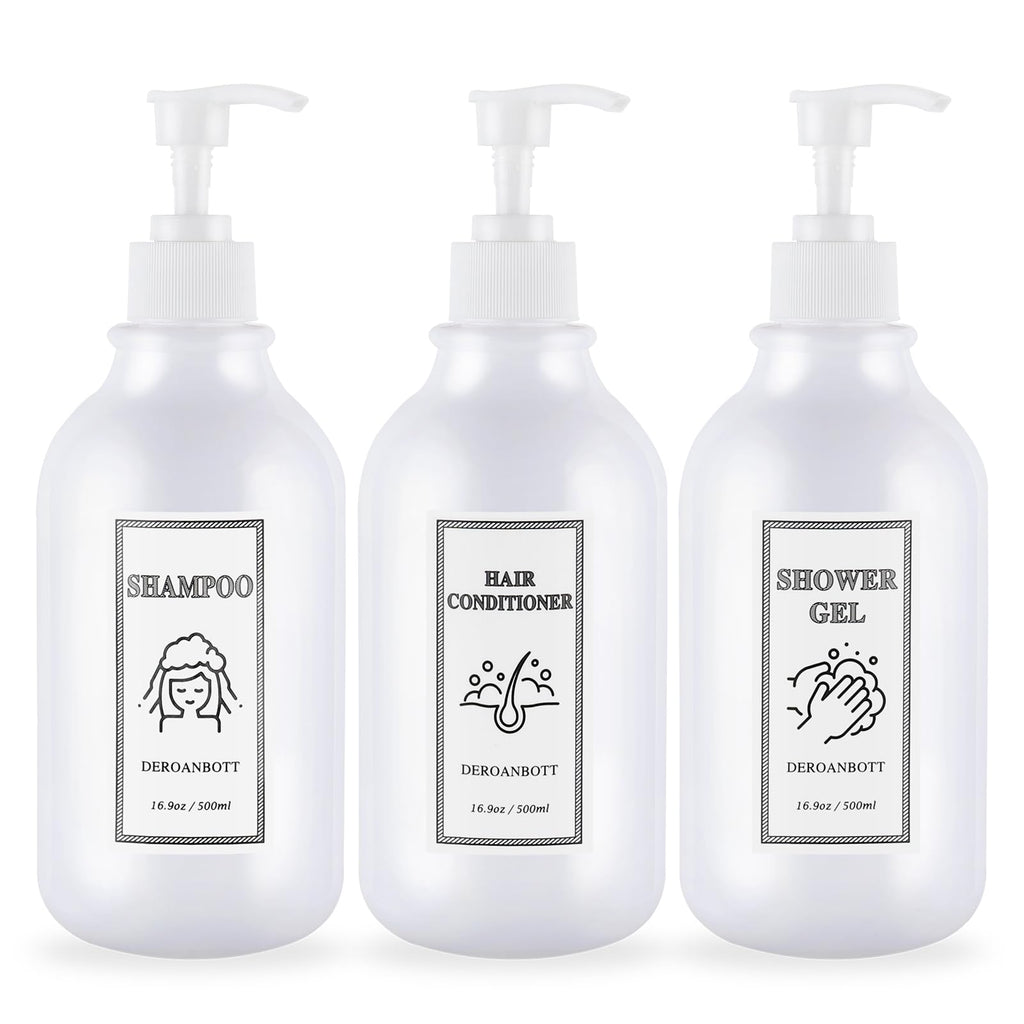 DEROANBOTT Shampoo and Conditioner Dispenser, Refillable Plastic Shampoo Pump Bottles with Waterproof Labels, Empty Body Wash Dispenser Set for Bathroom, Shower Soap Bottles (White)