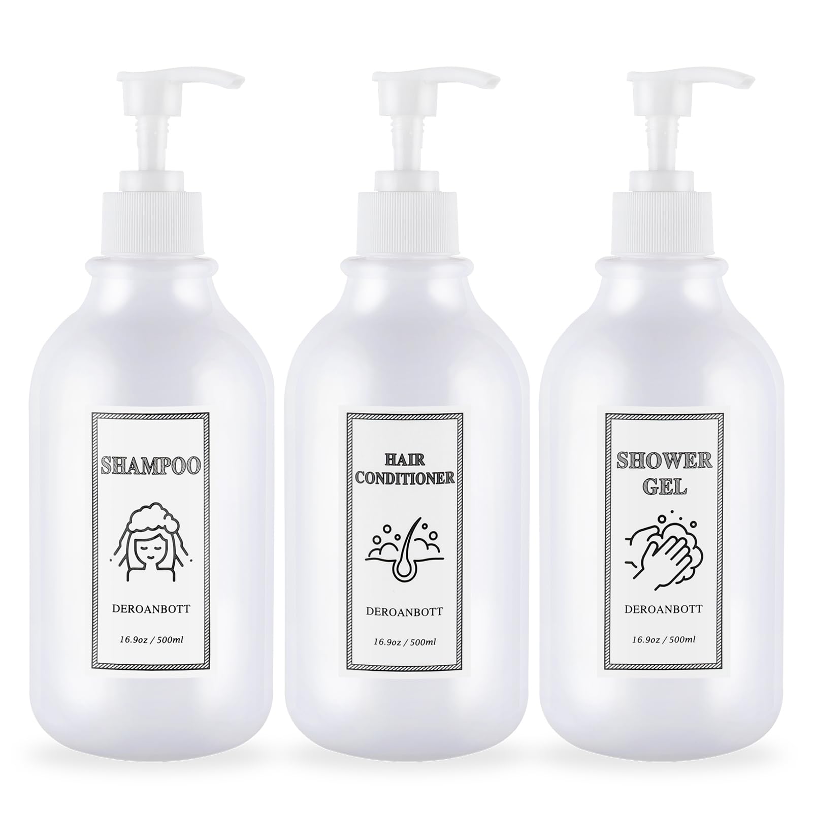 DEROANBOTT Shampoo and Conditioner Dispenser, Refillable Plastic Shampoo Pump Bottles with Waterproof Labels, Empty Body Wash Dispenser Set for Bathroom, Shower Soap Bottles (White)