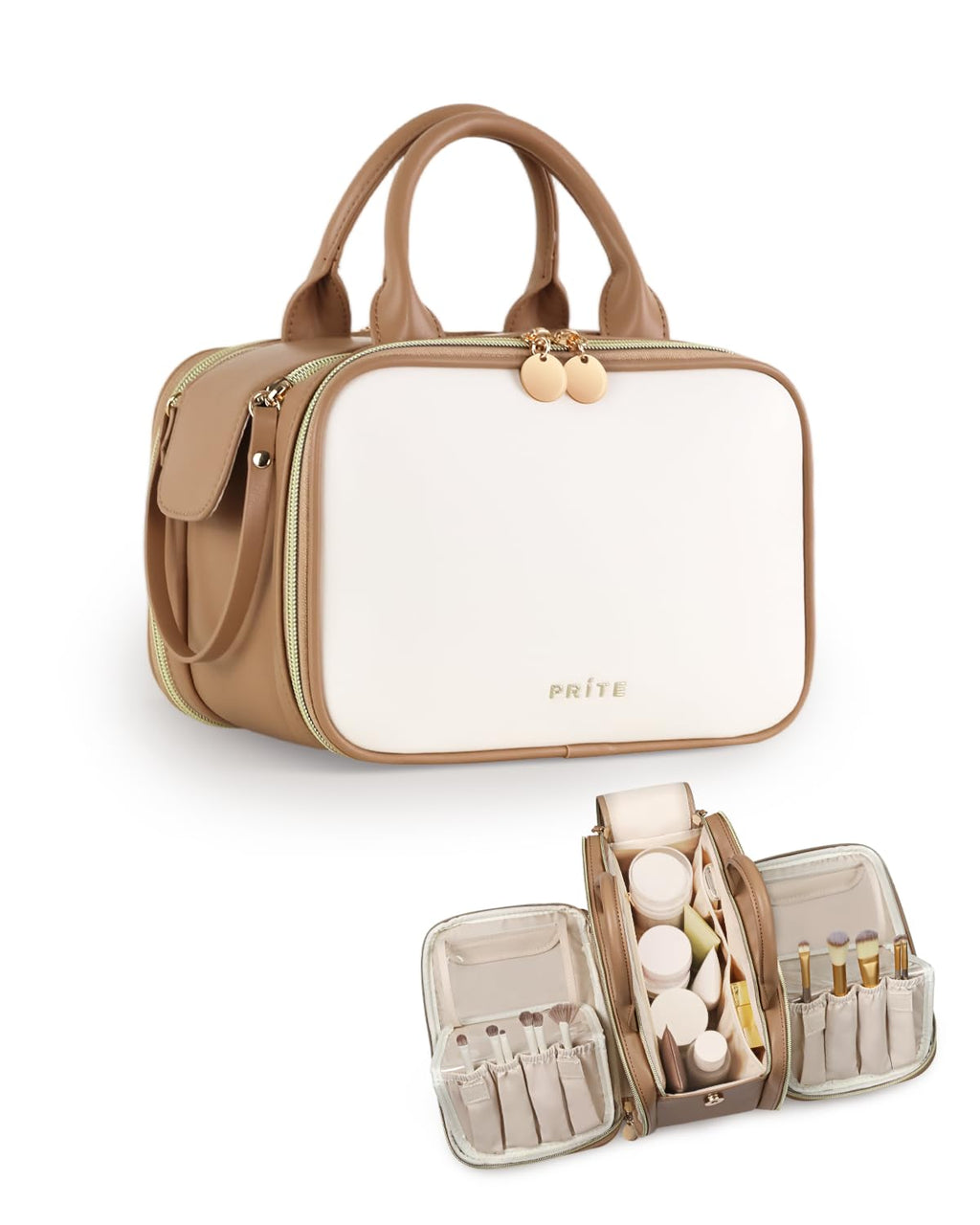 Prite Large Makeup Bag, Waterproof Travel Cosmetic Case with Brush Holder