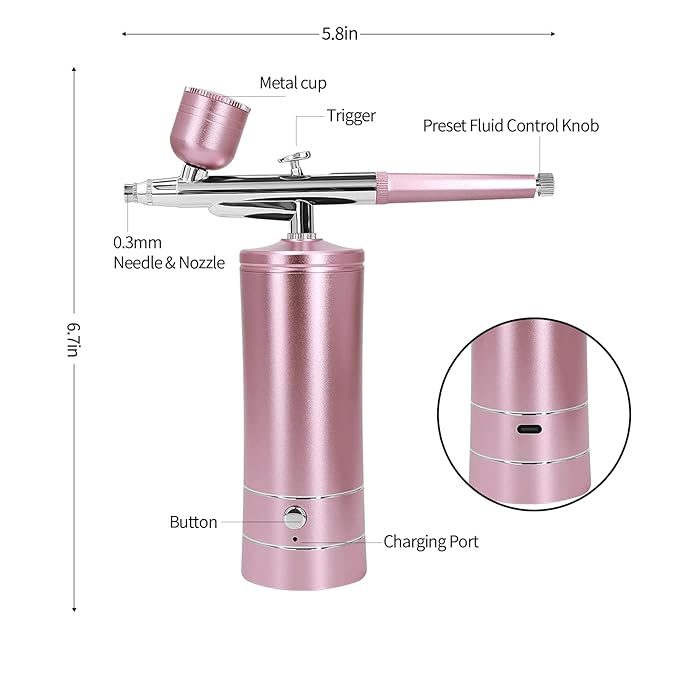 Airbrush Kit Air Brush Kit With Air Compressor Nail Charms Wireless Air Brush for Barber, Nail Art, Makeup, Model Painting (Pink - with extension tube)