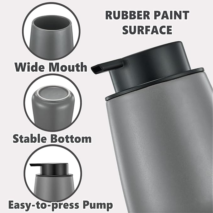 12Oz Hand Soap Dispenser Set - 2 Pack Ceramic Lotion Soap Dispenser Set with Easy-to-Press Black Pump, Refillable Mordern Liquid Dish Soap Dispensers for Bathroom & Kitchen (Grey, Liquid Pump)