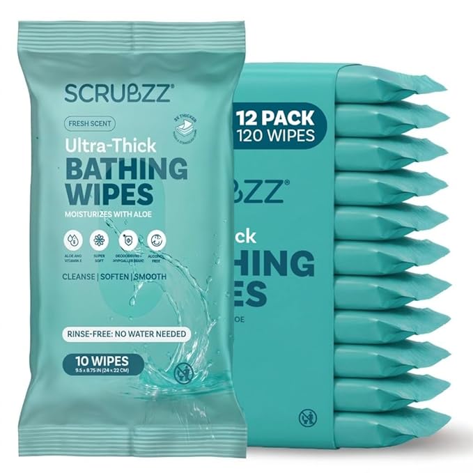 Extra Large Body Wipes for Adults Bathing No Rinse - 120 Ultra Thick Disposable Shower Wipes for Men, Women & Elderly - Great for Gym, Camping, Post Surgery