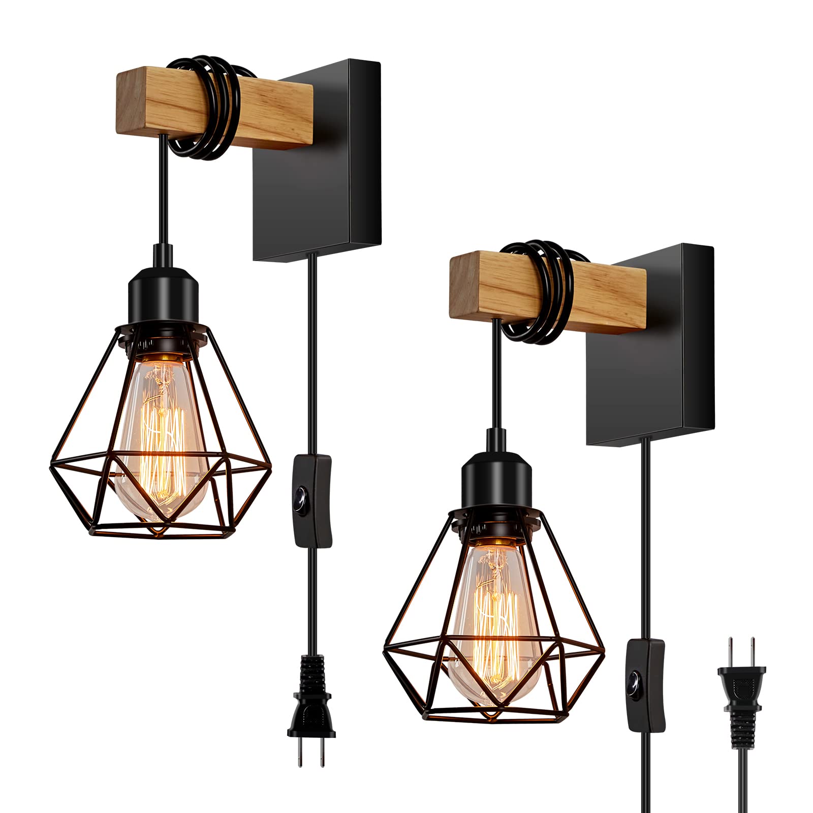 foucasal Plug in Wall Sconces Set of Two, Farmhouse Wall Light Plug in