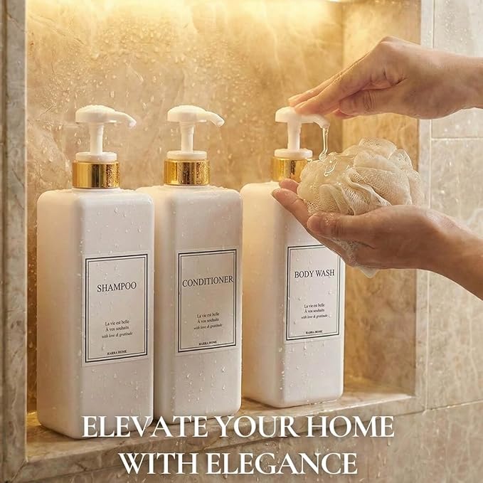 Modern Gold Design Shampoo and Conditioner Dispenser - Large 27oz Shower Soap Dispenser, Set of 3 Refillable Empty Plastic Pump Bottles for Bathroom and Body Wash (6 Waterproof Labels Included), White