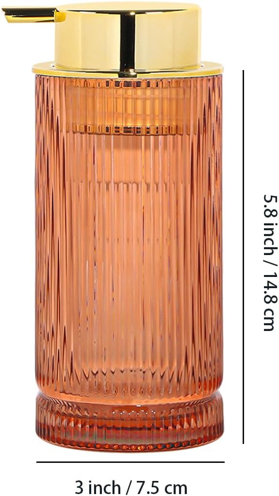Tonxus Foaming Soap Dispenser, Glass Foam Hand Soap Dispenser with Pump, 14 Oz Bathroom Refillable Liquid Lotion Pump Ribbed Bottle Container for Kitchen Countertop Decor (1, Brown Gold)
