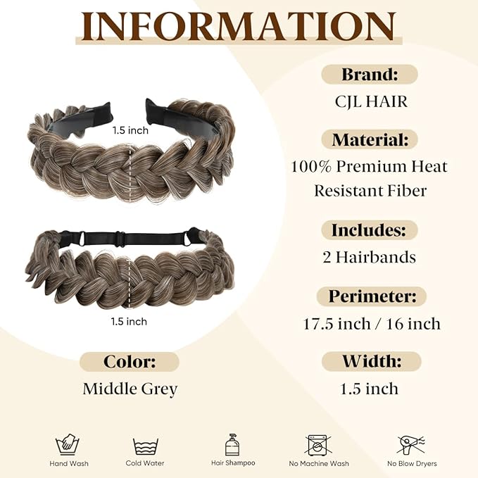 CJL HAIR 2PCs Braided Headbands Hair Piece for Women Synthetic Hair Hoops Head Bands Handmade Braid Hairband Accessories Elastic Stretch Headwrap Middle Grey