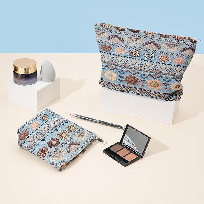 BOCGRPU 2 PCS Bohemian Makeup Bag Small Cute Cosmetic Bags for Women，Floral Travel Toiletry Bag for Purse, Large Canvas Cosmetic Pouch Makeup Organizer Tool Pouch with Zipper（Bohemian Blue）