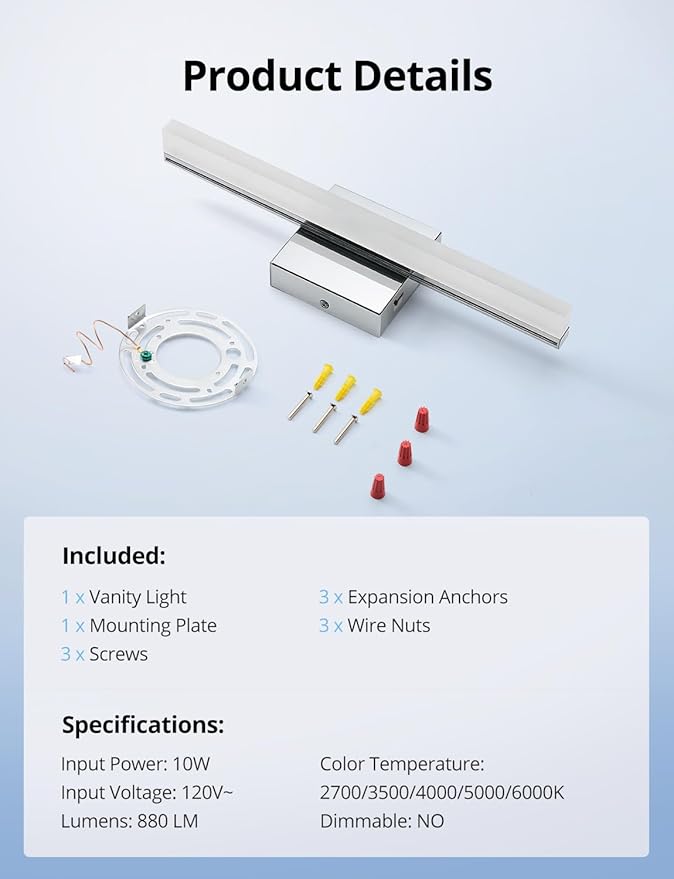 Combuh Modern Bathroom Light Fixtures Over Mirror 5 Colors Adjustable, Chrome 16 inch Led Vanity Lighting Bar Glare Free Bright IP44 Waterproof Sleek Look Small Space Wall Mount for Makeup Shaving