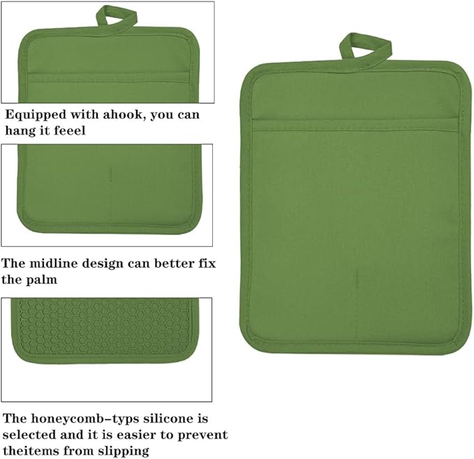 VEIKERY Oven Pot Holder with Pocket Cotton Heat Resistant Coaster Potholder Kitchen Hot Pad Oven Mitts for Cooking and Baking Square 7"x9" (Green, Silicone)