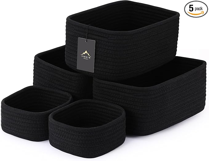 VIRETH HAUS 5-Pack Small Woven Rope Storage Baskets – 2 Sizes Organizer Bins for Closet, Shelf, Bookshelf, Nursery, Changing Table, Fabric Cube Boxes, Rectangular Shallow Bins for Bathroom, Toy & Home