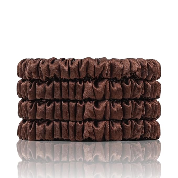 100% Mulberry Silk Scrunchies, 4 PCS, 22 Momme, Brown - Protecting Hair from Damage, for Hair Sleep, Silk Hair Ties Elastics