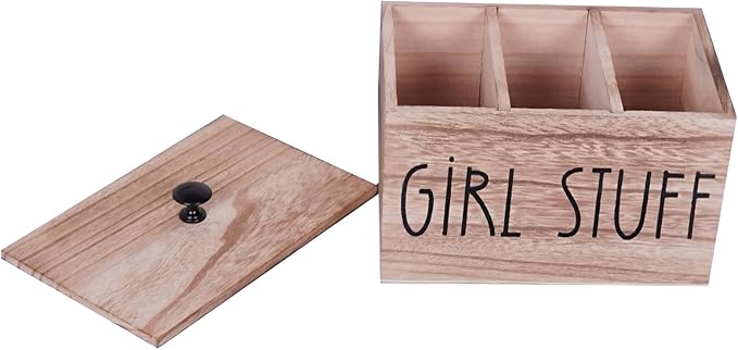 3 Compartments Pad and Tampon Organizer, Wooden Menstrual Care Storage Box, Girl Stuff Design Sanitary Napkin Storage Container, 7.9x5.1x5.1inches