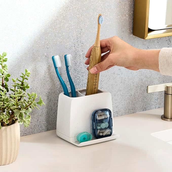 YouCopia The Ledge Toothbrush Holder, 2-Slot, Bathroom Vanity Counter Organizer with Cord Slots, Removable Base and Storage for Phones, Toothpaste and Accessories