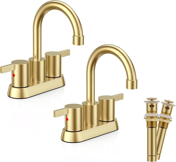 Phiestina Brushed Gold 4 Inch 2 Handle Centerset Lead-Free Bathroom Faucet 2 Pack, Swivel Spout with Copper Pop Up Drain and 2 Water Supply Lines,BF15-1-BG-2PACK