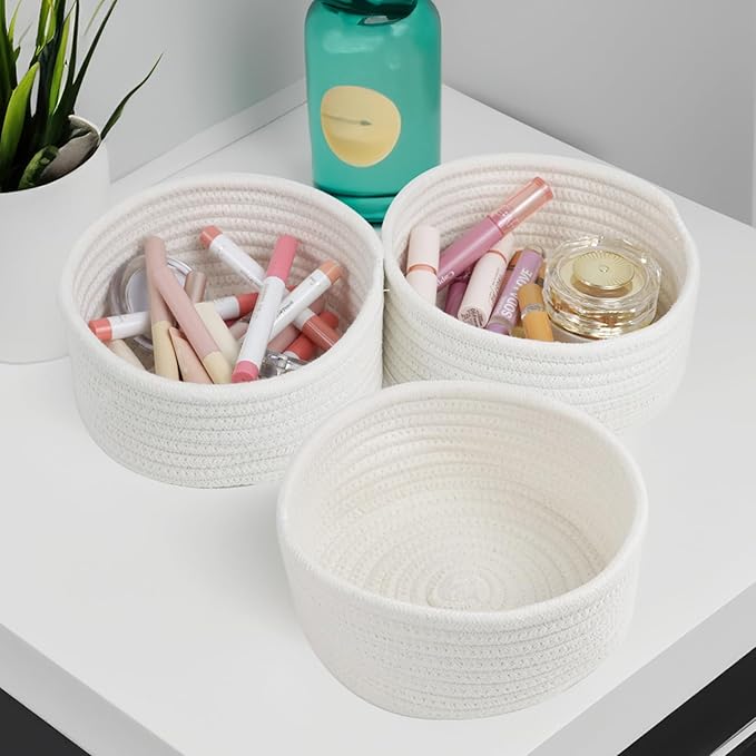 Small Basket, Set of 3 Small Woven Baskets, Cotton Rope Baskets for Organizing, Cute Mini Tiny Baskets for Nursery, Decorative Boho Round Storage Basket Bathroom Organization Bin