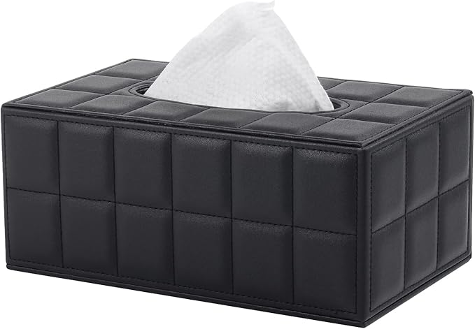 Tissue Box Cover Rectangle Tissue Box Holder PU Leather Facial Organizer with Magnetic Bottom,Decorative Napkin Caddy for Vanity Dresser Night Stand Table Countertop Home Office Car,Black