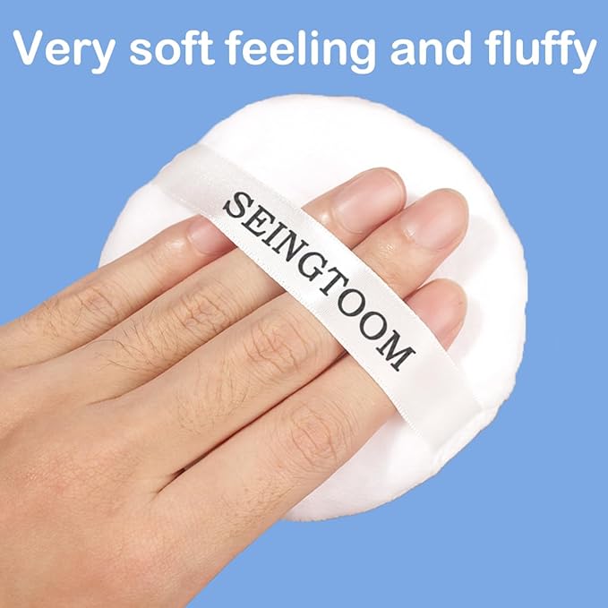 SEINGTOOM 3Pcs Large Powder Puff, 3.93 Inch Body Puff，Loose Soft Velour Body Powder Puff and Container White