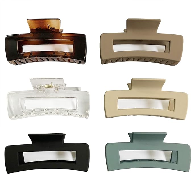 Nalodu Rectangle Hair Claw Clips Large 4 Inch Matte Square Clear No Slip Big Jaw Clip Multi-Colored for Thick Hair Women, 6 Pack