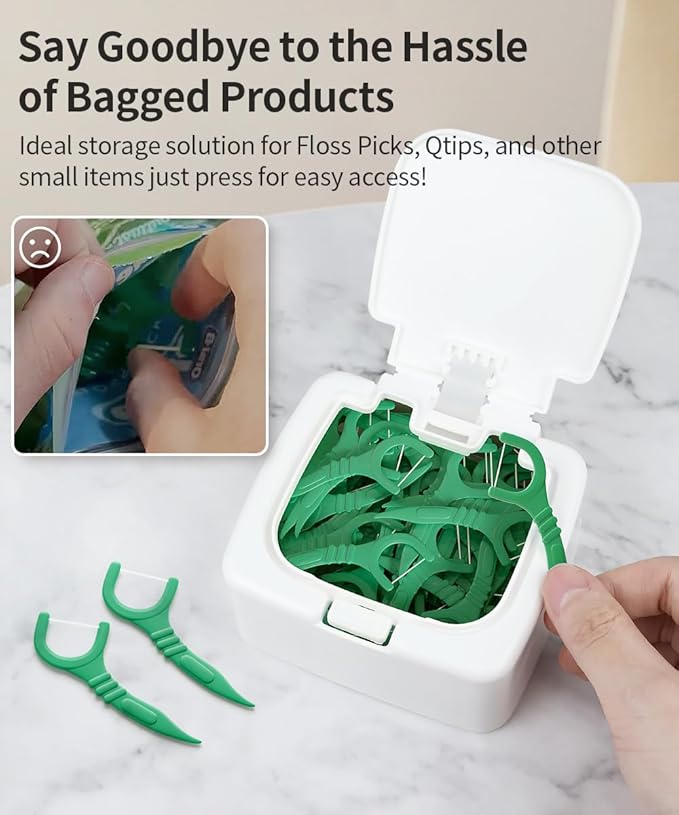 2-Pack Floss Pick Holder and Qtip Holder with One-Touch Opening, Quick Refill for Floss Picks, Cotton Swabs, Balls, Pads - Bathroom Organizers and Storage, Vanity Makeup Storage Organizer