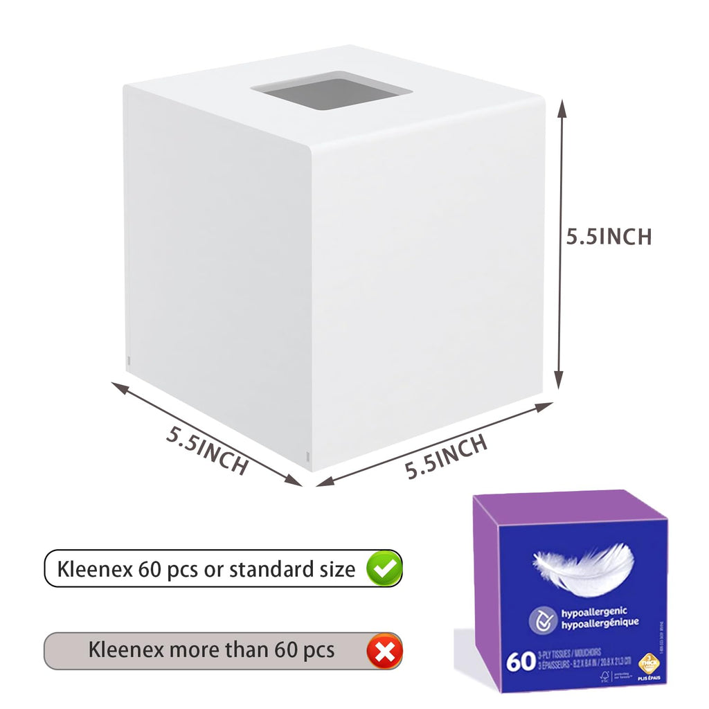Tissue Box Cover, PITBVO Acrylic Tissue Box Holder Square Tissue Box Cover, Handmade Facial Tissue Holder Napkin Dispenser for Bathroom Kitchen Bedroom Office (Matte White, 5.5x5.5x5.5)