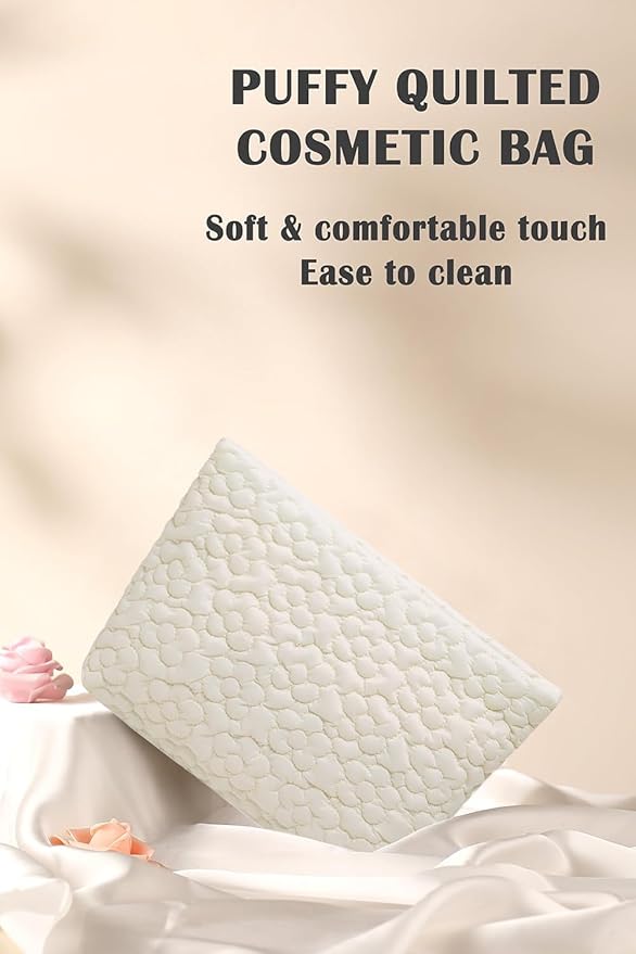HFLZBRO Puffy Quilted Makeup Bag, Cosmetic Bag, Travel Toiletry Organizer Pouch, Clutch for Wom (White Flower)