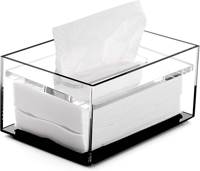 SANRUI Clear Acrylic Facial Tissue Box Cover Holder with 8mm Top Lid Rectangle Napkin Dispenser Organizer for Bathroom, Kitchen and Office Desk,Black&Clear