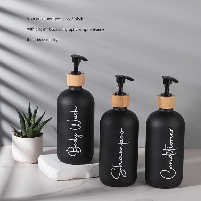 Glass Shampoo and Conditioner Pump Bottles Soap Dispenser Bamboo Pump Head Empty Glass Refillable Shampoo Conditioner Body Wash Soap Bottles for Bathroom, 17 oz, 3 Pack, Black