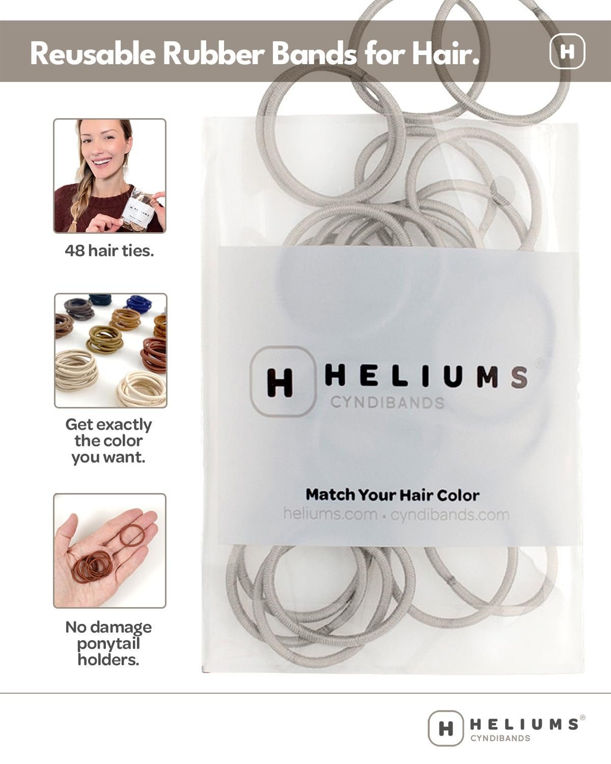 Heliums Small Hair Ties - Light Brown - No Damage Mini 1 Inch Reusable 2mm Elastics for Thin Hair and Kids, Neutral Ponytail Holders - 48 Count