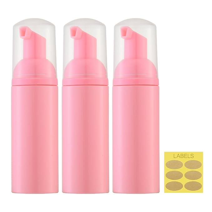 Owlyee Travel Foam Pump Bottle - 2oz Small Size Foaming Hand Soap Dispenser - Mini Portable Mousse Lash Shampoo Kit Container for Hair - Empty Leak Proof Plastic Pink Foamer 3Pack