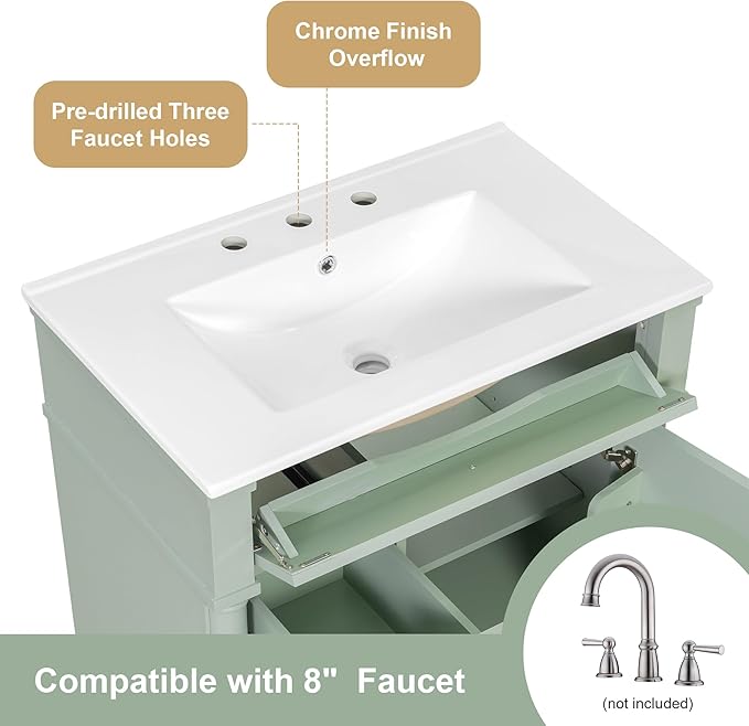 Harper & Bright Designs 30" Bathroom Vanity with Sink, Free Standing Bathroom Vanity Set with Flip Drawer, 2 Drawers, and Adjustable Shelf, Wood Storage Cabinet with Ceramic Basin for Bathroom, Green