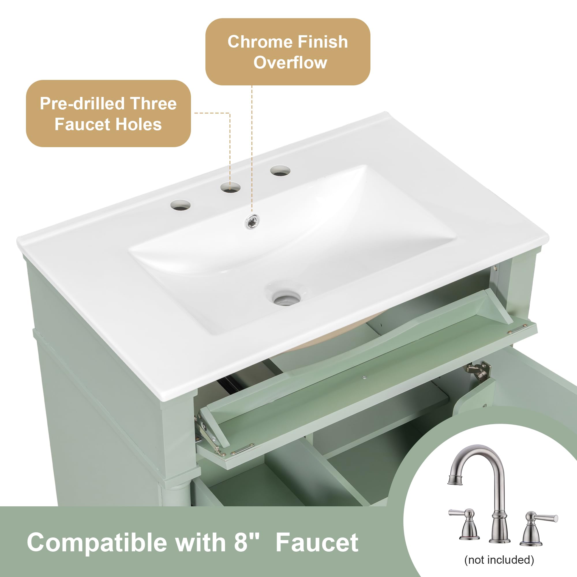 Harper & Bright Designs 30" Bathroom Vanity with Sink, Free Standing Bathroom Vanity Set with Flip Drawer, 2 Drawers, and Adjustable Shelf, Wood Storage Cabinet with Ceramic Basin for Bathroom, Green