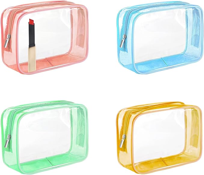 CarryEpic Clear Makeup Bag (4 Packs), Small TSA Approved Toiletry Bags for Traveling Small Size Cosmetic Storage Pouches for Women Organizer with Zipper Pink Orange Green Blue