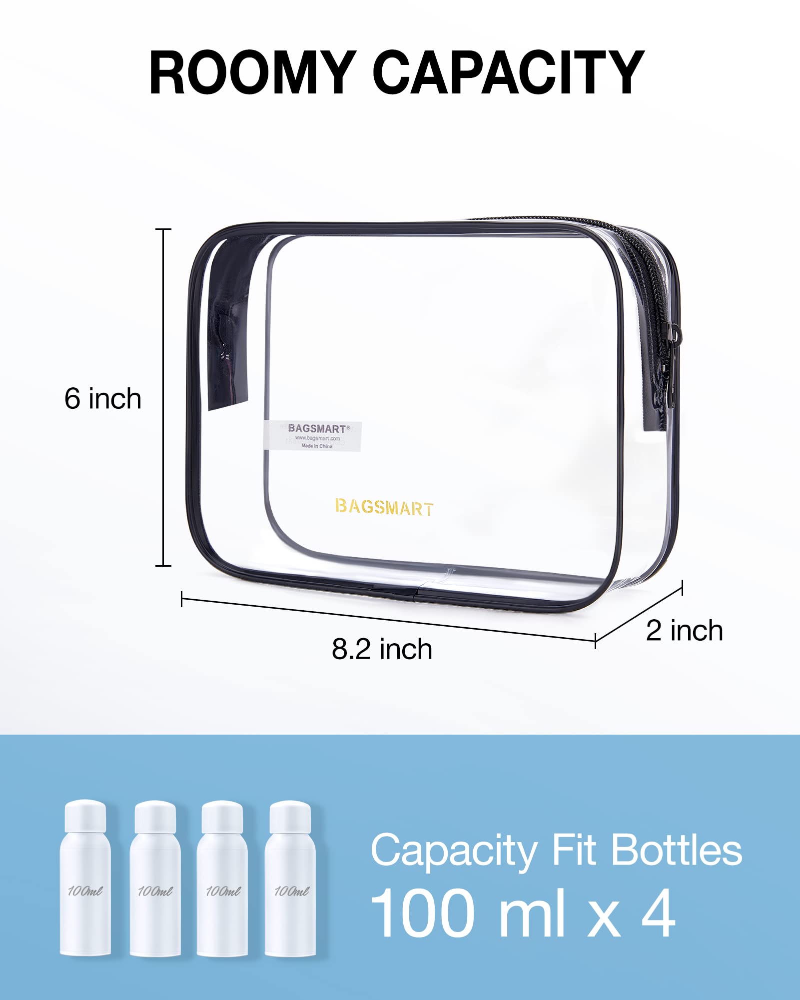BAGSMART Clear Toiletry Bag 3-Pack TSA Approved Water-Repellent, Black