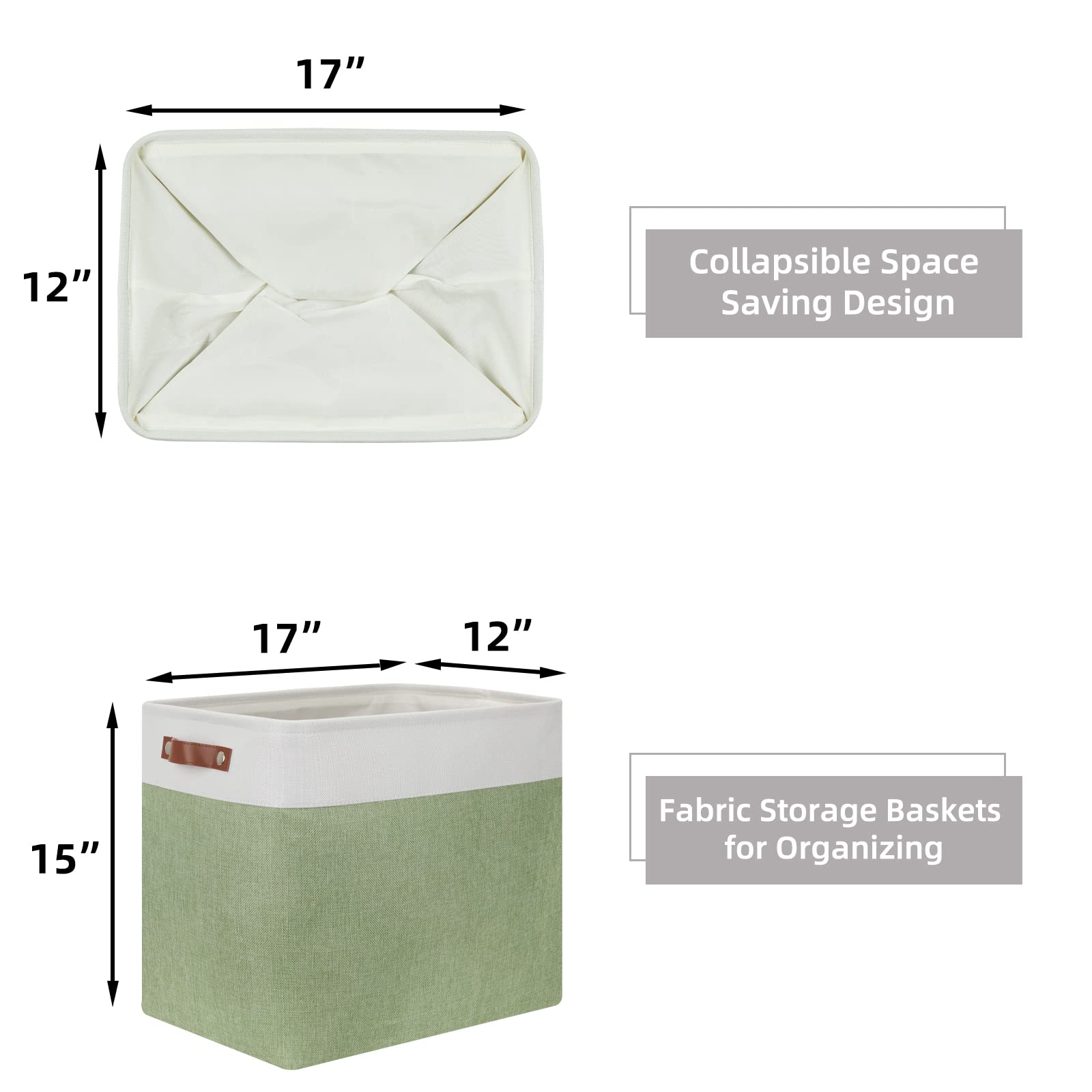 HNZIGE Shelf Storage Baskets for Clothes, Large Storage Bins Fabric Baskets for Organizing, Foldable Rectangular Decorative Storage Bins for Home Closet(White Green), 17" x 12" x 15"
