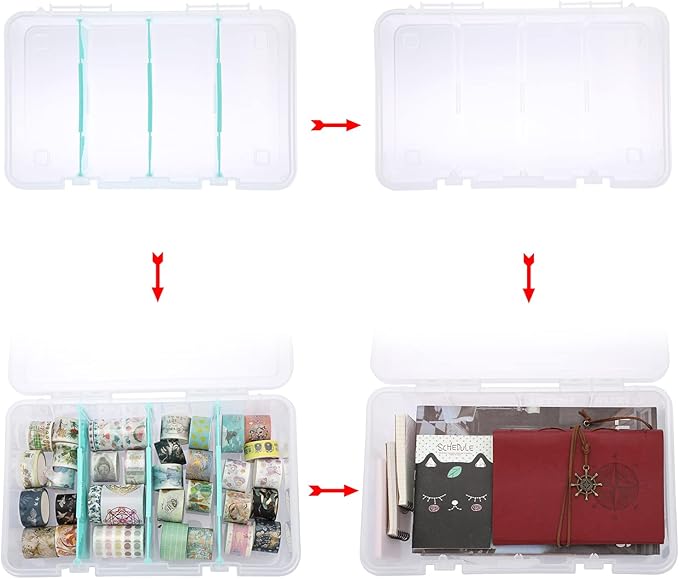 BTSKY Clear Plastic Dividing Storage Box with 4 Compartments Adjustable Storage Bin with Lid Plastic Craft Storage Container Multipurpose Sewing Box Art Supply Organizer, 13.3x8.1x3.4 Inches