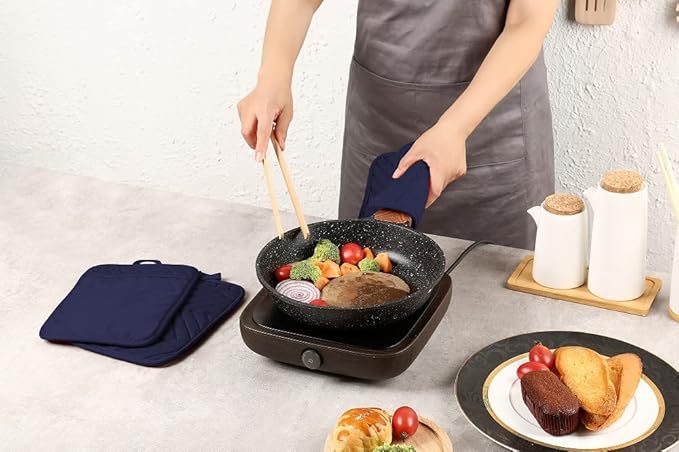 VEIKERY Oven Pot Holder with Pocket Cotton Heat Resistant Coaster Potholder Kitchen Hot Pad Oven Mitts for Cooking Square 7"x9"Set of 5 (Navy Blue)