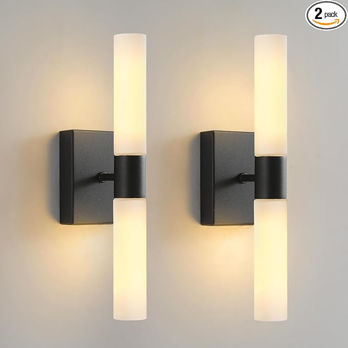 Wall Sconces Set of Two Matte Black Modern Bathroom Sconces Lighting Set of 2 Frosted Glass Shade Indoor Wall Lamp Wall Mounted Lights Metal Wall Light Fixtures for Living Room Stairs