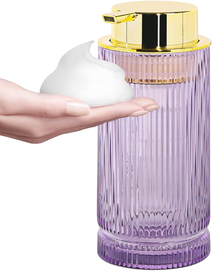 Tonxus Foaming Soap Dispenser, 14 Oz Glass Foam Hand Soap Dispenser with Gold Pump, Purple Bathroom Refillable Liquid Lotion Pump Container Ribbed Bottle for Kitchen Countertop Decor
