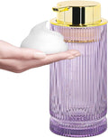 Tonxus Foaming Soap Dispenser, 14 Oz Glass Foam Hand Soap Dispenser with Gold Pump, Purple Bathroom Refillable Liquid Lotion Pump Container Ribbed Bottle for Kitchen Countertop Decor