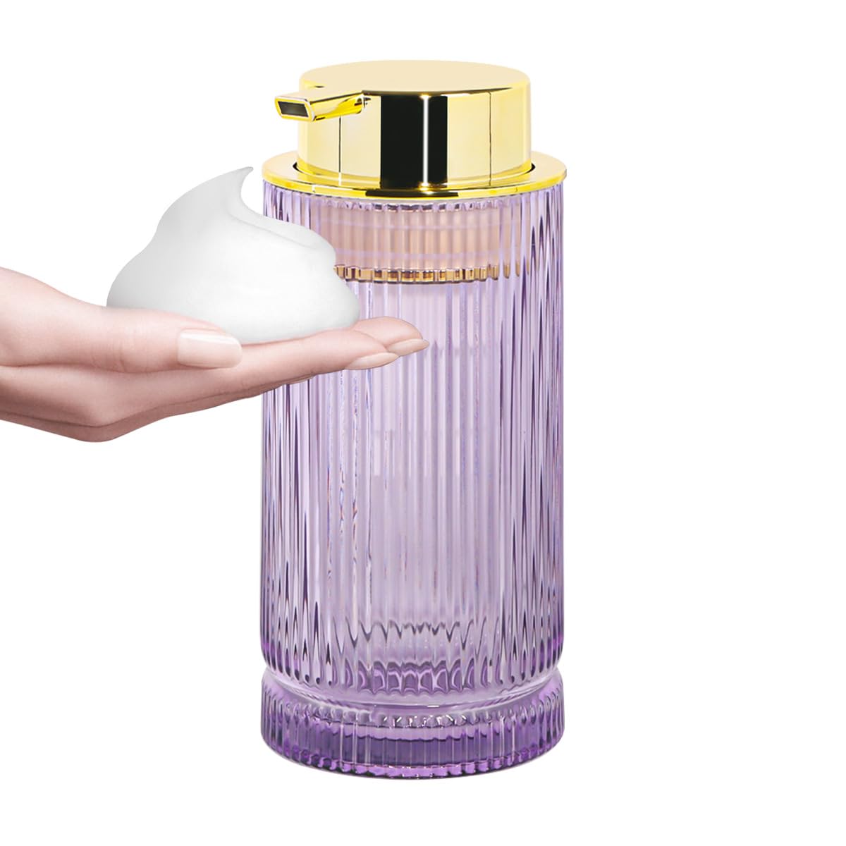 Tonxus Foaming Soap Dispenser, 14 Oz Glass Foam Hand Soap Dispenser with Gold Pump, Purple Bathroom Refillable Liquid Lotion Pump Container Ribbed Bottle for Kitchen Countertop Decor