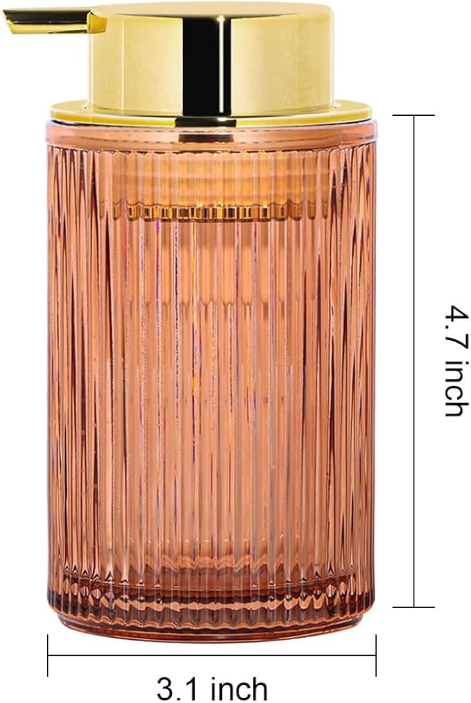 Tonxus Foaming Soap Dispenser, 12 Oz Brown Glass Foam Soap Dispenser, Refillable Foam Pump Bottle Container Decorative Slim Ribbed Bottle for Bathroom and Kitchen Countertop