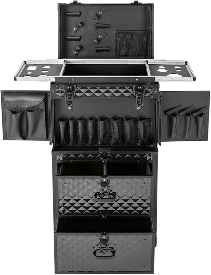 SuiYuLn Lockable Makeup Train Case,33.07lbs Rolling Hairdressing Trolley,Beauty Salon Cosmetic Luggage with Universal Wheels for Hair Stylist,Make-up Artists (Black 3)