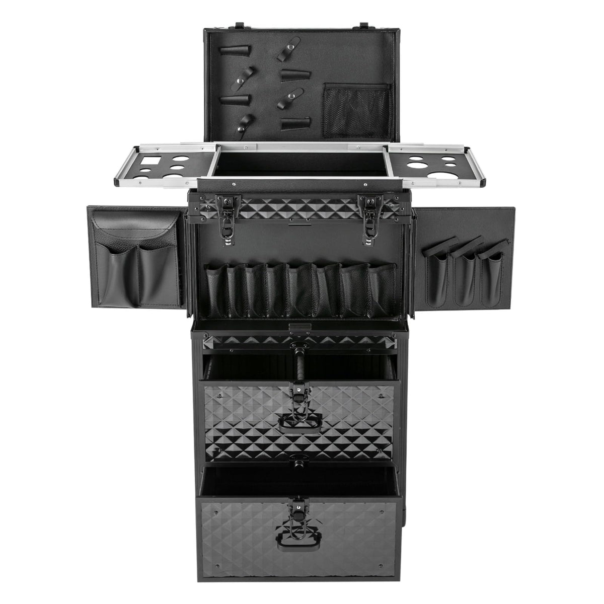SuiYuLn Lockable Makeup Train Case,33.07lbs Rolling Hairdressing Trolley,Beauty Salon Cosmetic Luggage with Universal Wheels for Hair Stylist,Make-up Artists (Black 3)