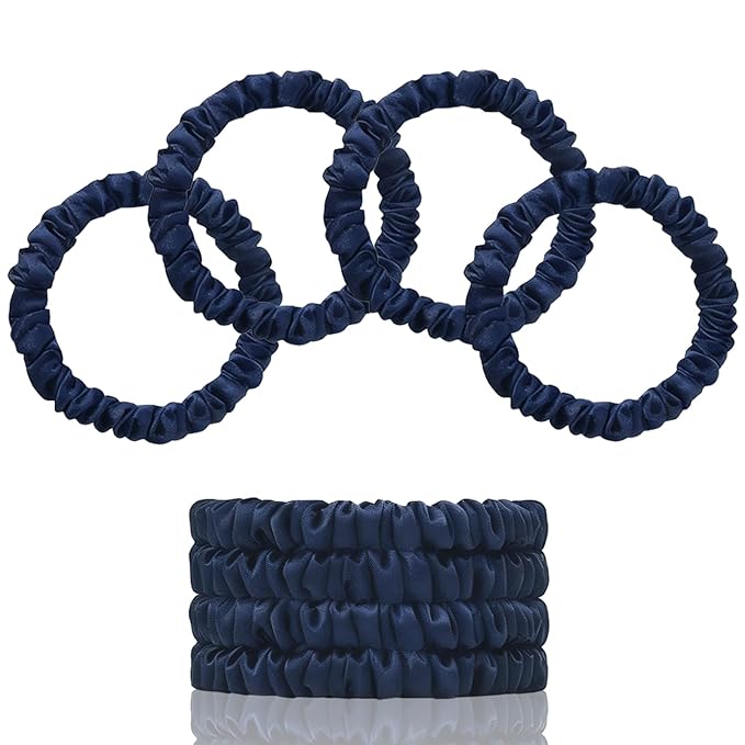 22 Momme 100% Pure Mulberry Silk Scrunchies (4 PCS) - Small Hair Elastics and Ties for Women, Sleep Hair Care, No Damage, Navy Blue