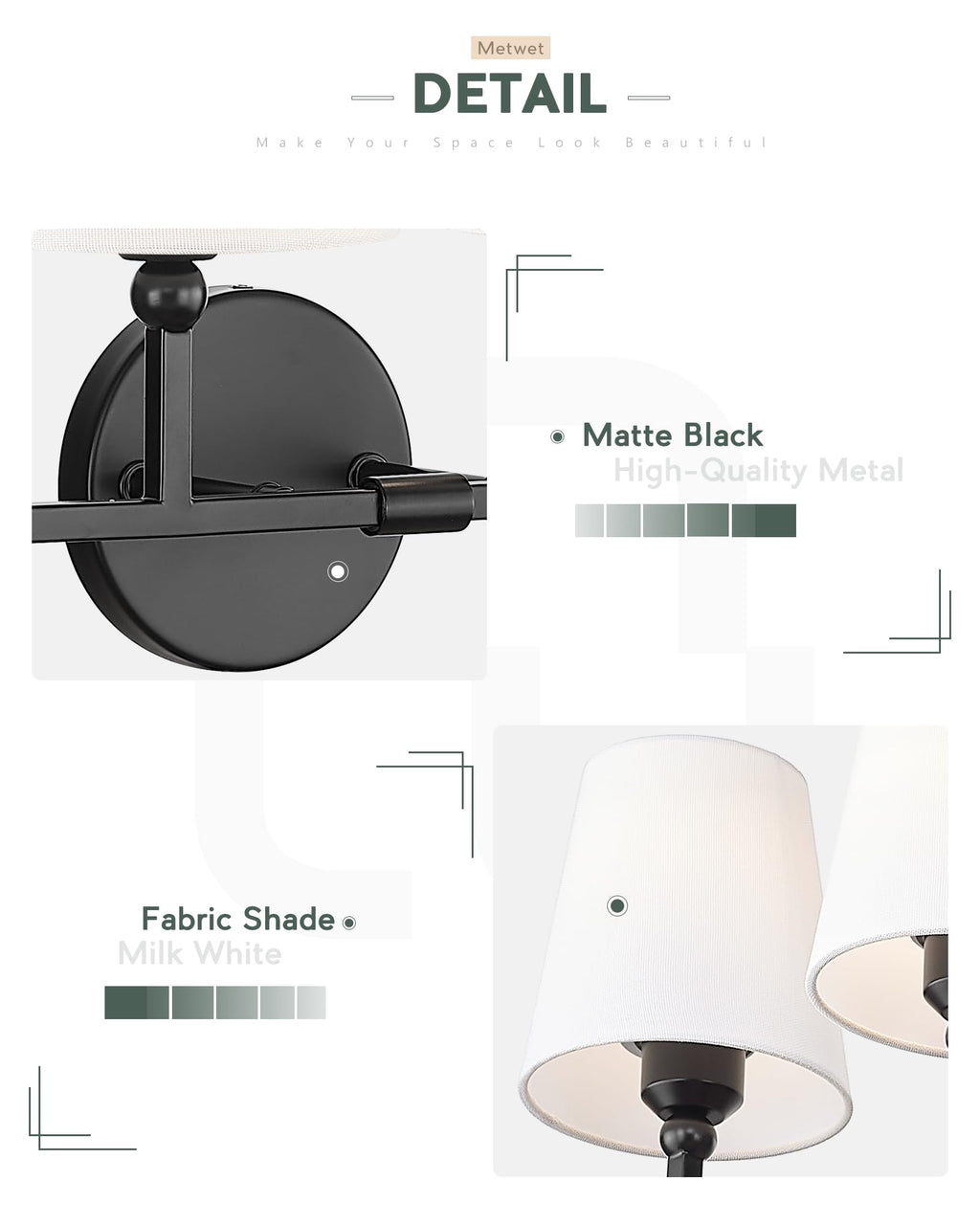 METWET 6-Light Matte Black Bathroom Vanity Light, White Fabric Shades