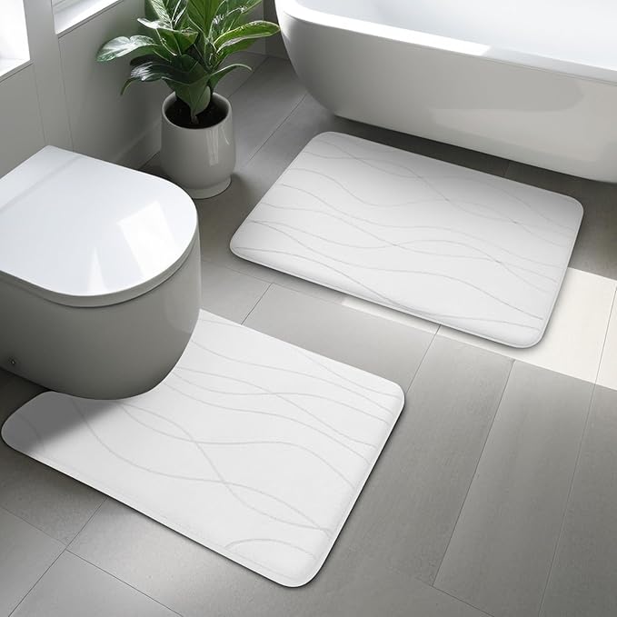 YIHOUSE Bathroom Rugs Set 2 Piece, Memory Foam Bath Mat White