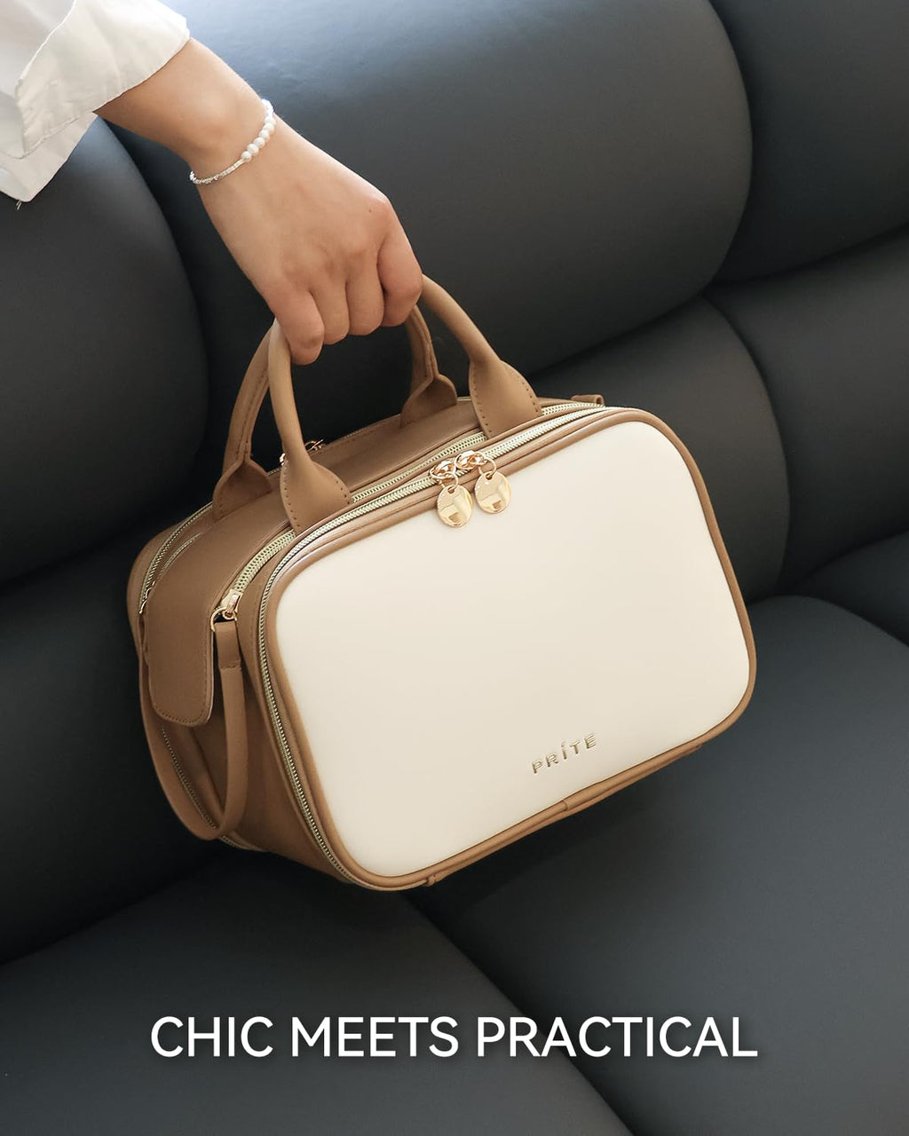 Prite Large Makeup Bag, Waterproof Travel Cosmetic Case with Brush Holder