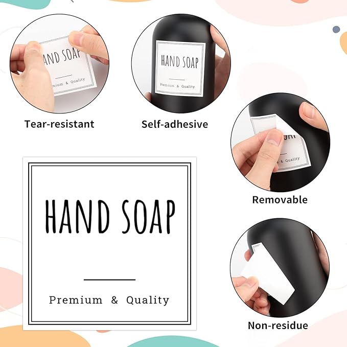 Segbeauty Bathroom Labels for Soap Dispenser, 18pcs 2.5in White Waterproof Removable Self-Adhesive Stickers, Reusable Shampoo Conditioner Hand Soap Lotion Shower Dispenser Bottles Label Stickers