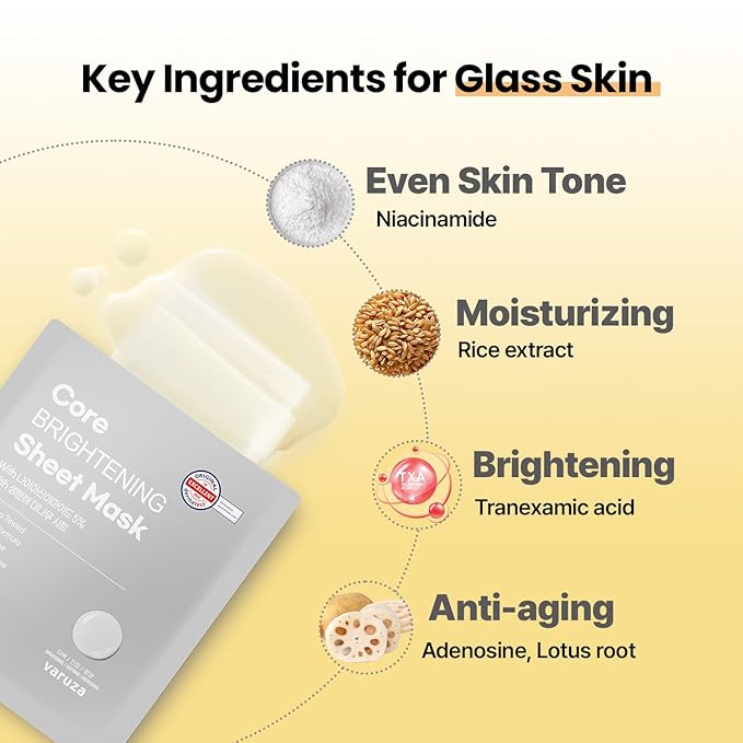 varuza Core Nourishing Sheet Masks with Niacinamide Serum 5% for Dry Skin Tranexamic Acid, Rice Face Mask for Glass Skin Care, Moisturizing Glowing & Anti-Aging, Cruelty Free, Fragrance Free 10 Count