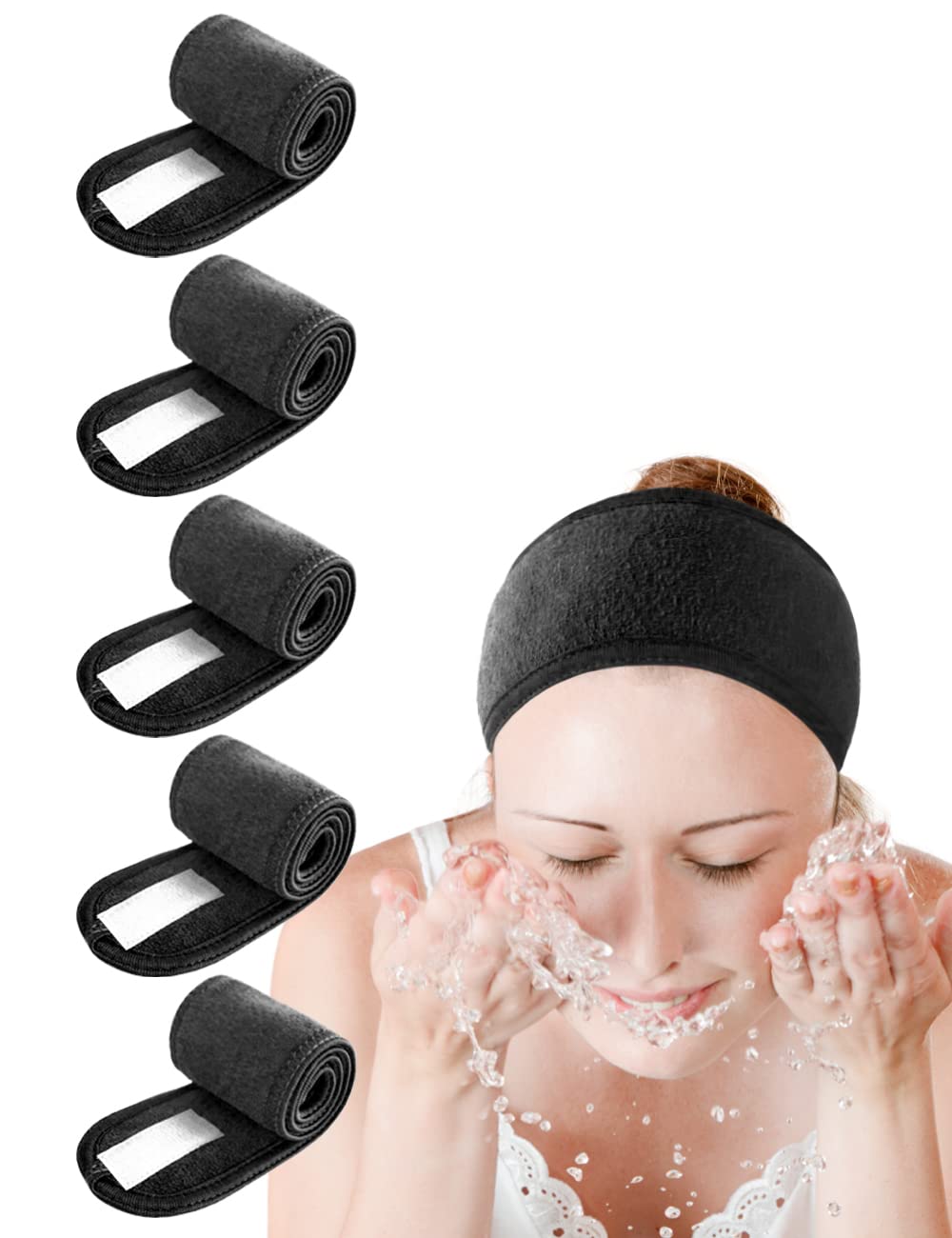 EUICAE Spa Headband 5-Pack Black Sweat Head Towel Wraps - Non-slip Stretchable, Washable for Makeup, Face Wash, Facial Treatment, Sports